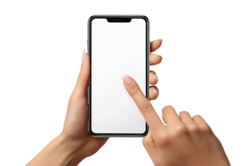 Caucasian female hands holding smartphone with blank screen mock up, isolated on white or transparent background