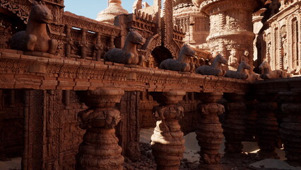 Fototapeta premium Columns adorned with detailed carvings support a stunning structure. Majestic horse sculptures line the edge, showcasing the artistry of a lost civilization during a golden hour sunset.