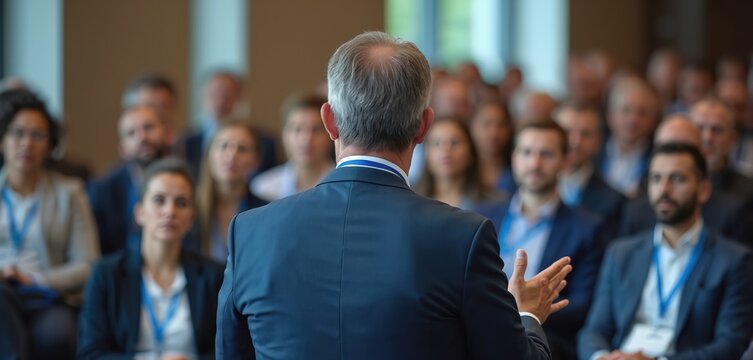 Mature man in suit presenting to audience of business professionals. Back view of speaker gesturing to crowd. People listen to presentation in conference hall. Attendees wear formal clothing,