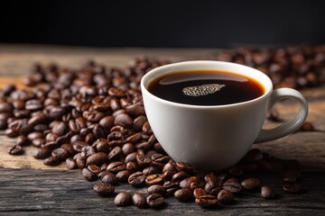White cup of black coffee surrounded by roasted coffee beans on wood.