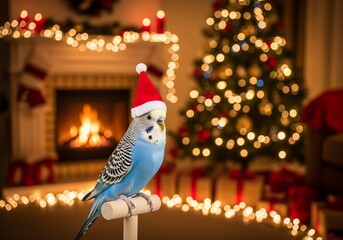Blue Budgerigar Wearing Santa Hat by the Fireplace – Christmas Tree Lights and Holiday Home Decor Background