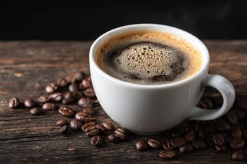 Obraz premium Hot coffee in white cup with roasted beans on wood.