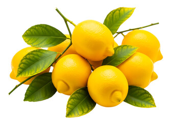 A bunch of fresh lemons with green leaves isolated on transparent background