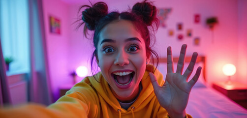 Young woman takes selfie in colorful bedroom. Dark hair in space buns, wears yellow hoodie. Girl waves hand, smiles widely, showing teeth, excited expression. Alone in room with neon pink, purple
