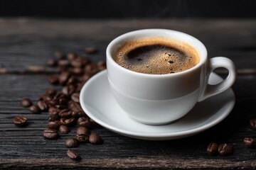 Obraz premium Steaming hot coffee in white cup with scattered roasted beans.