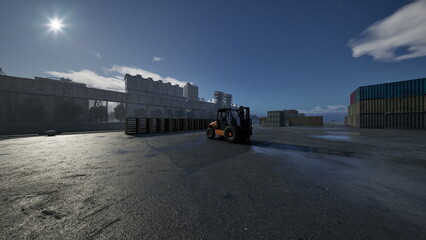 A forklift navigates through a large shipping yard filled with stacked containers. The sun shines brightly, reflecting on wet surfaces as workers oversee the operations in a bustling environment. © icetray