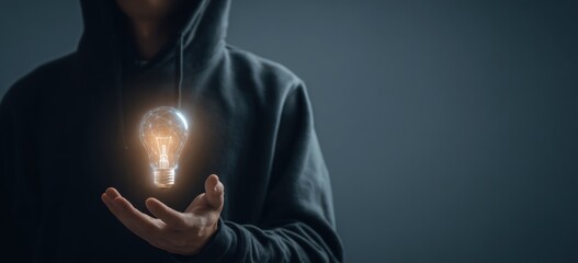 Person in dark hoodie holding glowing digital lightbulb over hand.