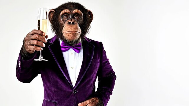 Stylish monkey in a purple tuxedo raises a champagne glass, showcasing elegance and celebration, with a gradual zoom-in on the joyful expression
