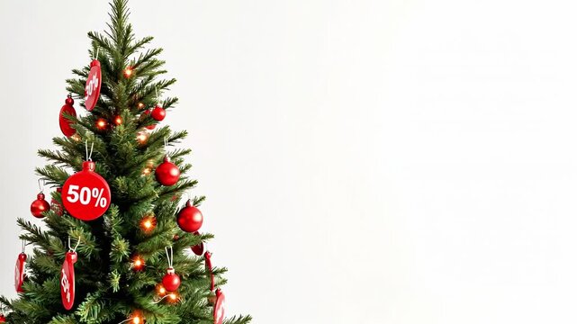 Christmas tree adorned with vibrant ornaments and discount tags, showcasing a festive atmosphere, camera pans to highlight decorations and details