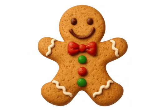 Gingerbread man cookie with red bow tie and colorful buttons celebrating christmas holiday season