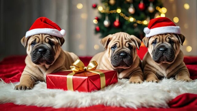Three adorable Shar Pei puppies in festive Santa hats are curiously gazing at a beautifully wrapped gift, creating a heartwarming holiday scene with soft textures