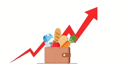 Food items in a wallet with an increasing red arrow indicating rising grocery prices. Concept of food inflation or higher cost of living,for presentation, posters