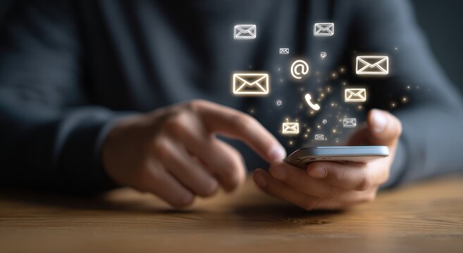 Person using smartphone with glowing communication icons floating above