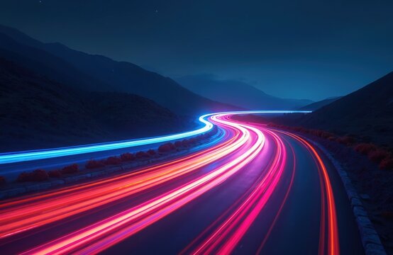 Abstract road with blue and pink light trails at night. Winding highway through dark mountains suggests fast motion, journey, and tech innovation.