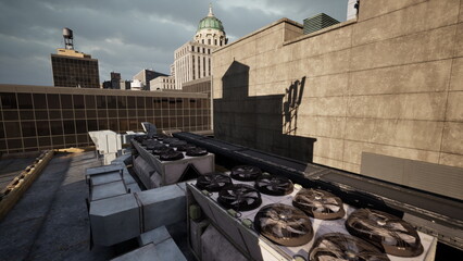 Obraz premium A vibrant urban scene showcases a rooftop filled with air conditioning units, contrasting against a dramatic sky and city buildings. Sunlight casts intriguing shadows.