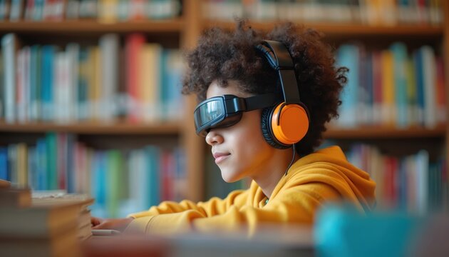 Young person uses a VR headset with headphones at library. Person with curly hair wearing assistive tech device looks toward a screen. Inclusive education and accessible reading concept.
