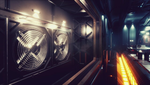 In a high tech corridor, large fans spin quietly while warm lights cast a glow on the sleek walls. This urban space feels both modern and futuristic, inviting exploration and intrigue.