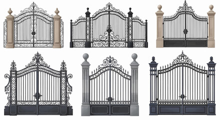 Fototapeta premium A collection of decorative ornate wrought iron gates with pillars, realistic vector illustration set