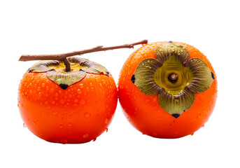 Two ripe persimmons isolated on transparent background, showcasing their vibrant color