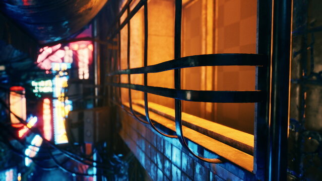 Neon lights reflect off wet pavement in a bustling urban alley at dusk. The scene captures shadows and vibrant colors, creating an immersive experience of city life and energy.