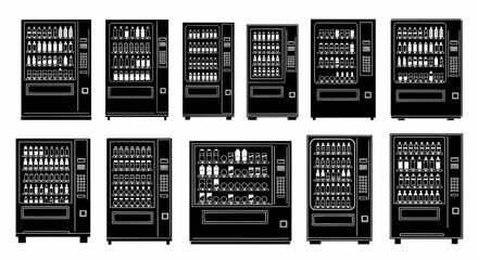 A diverse collection of automated food and drink vending machines. An isolated flat design vector illustration