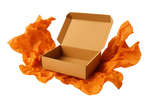 Cardboard box opening with crinkled orange tissue paper, revealing empty space, for unboxing and delivery concepts