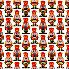 Seamless pattern with toy nutcracker soldiers in bright red uniforms on a white background. Perfect for Christmas wrapping paper, textile, and festive design.