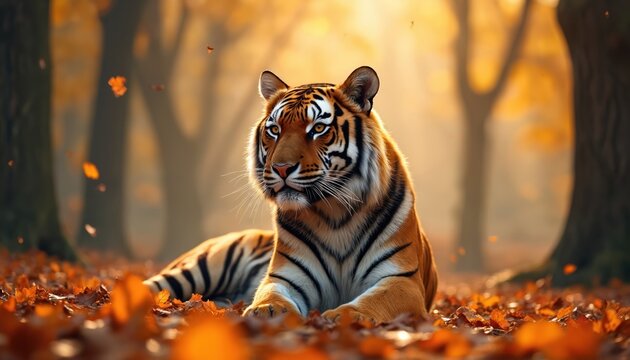 Big tiger rests on forest floor. Autumn leaves cover ground. Golden sunlight illuminates scene through trees. Wild animal watches environment calmly. Majestic big cat feels peaceful in natural