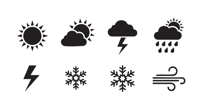 Weather forecast icons set including sun cloud lightning and snowflake