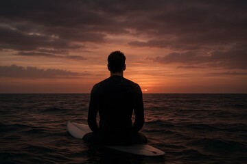A Surfer Sitting Alone on His Board at Sunset