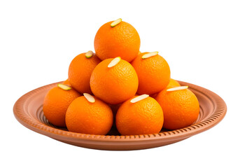 A stack of delicious orange colored laddus isolated on transparent background
