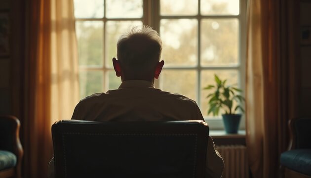 Elderly man sits in armchair, looking out window. Grey haired person reflects indoors. Solitary senior reflects, waits, or dreams. Quiet indoor scene.