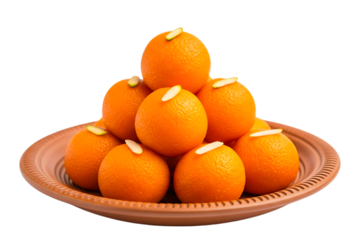 A stack of delicious orange colored laddus isolated on transparent background