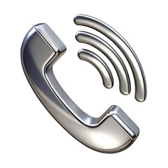 Shiny metallic telephone receiver with sound waves indicating an incoming call isolated on transparent background
