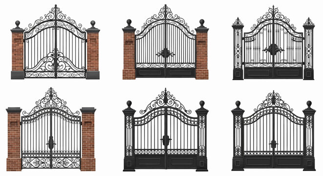 Set of classic black forged metal gates with brick pillars, isolated on white background, vector illustration