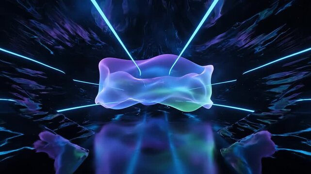 Abstract 3D animation of a glowing amorphous shape in a dark futuristic environment with blue laser beams and reflections.