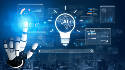 A generative AI assistant demonstrates its own creative platform. The user interface shows its capabilities in machine learning, data analysis, and content generation. Fermion