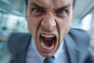 Angry man in suit shouting with open mouth in office environment