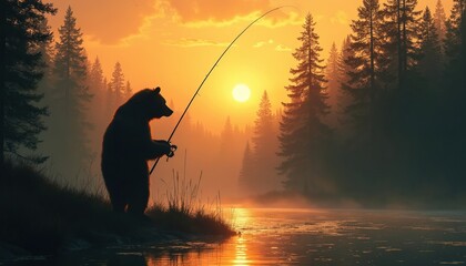 Bear silhouette fishes with rod at sunrise on river bank. Wild animal enjoys hobby in misty pine forest. Calm, peaceful morning landscape, with orange sun reflecting on water, creates surreal nature