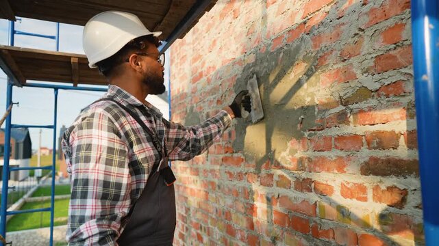 Professional plasterer working on a brick wall at a construction site