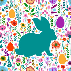 Seamless easter background with flowers and eggs. Easter Bunny hand drawn. Not AI, Vector illustration