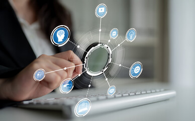 A professional woman interacts with a keyboard, surrounded by digital icons illustrating technology, innovation, and data analysis in a modern office setting. Crux