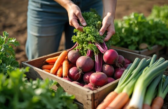 Farmer gathers fresh organic vegetables. Colorful carrots beets and greens fill wooden crate. Person harvests healthy produce from farm field. Supports local sustainable agriculture and food.