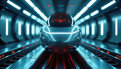 Futuristic maglev train floats on magnetic levitation tracks in neon lit tunnel. This high speed rapid transit vehicle travels through subway. Advanced transport represents future innovation and tech.
