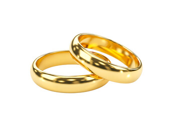 Two shiny gold wedding rings isolated on transparent background, symbolizing love