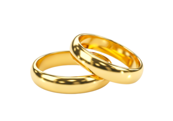 Two shiny gold wedding rings isolated on transparent background, symbolizing love