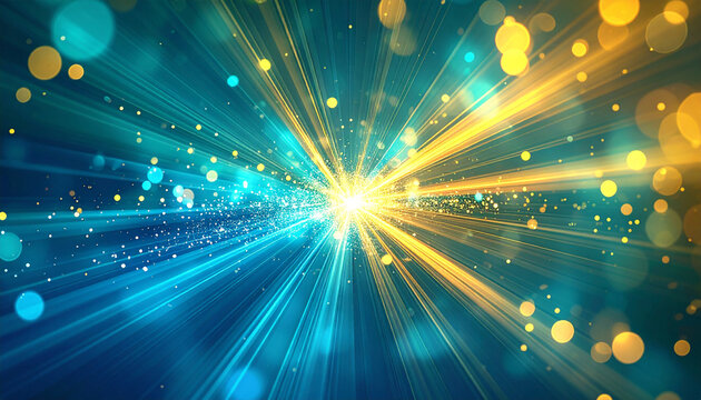 Abstract light burst with bokeh effect in blue, teal and yellow, glowing radiant beams, vibrant - Powered by Adobe