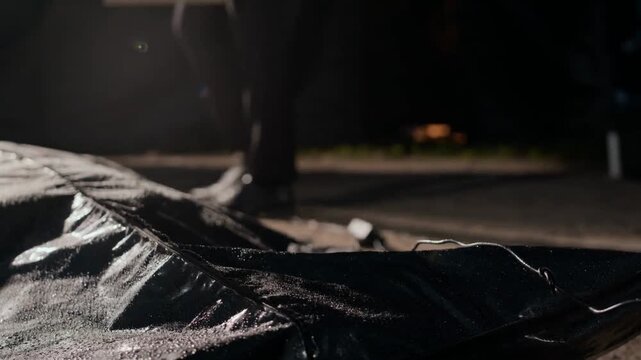Chilling Crime Scene at Night Body Bag & Detective Shadows