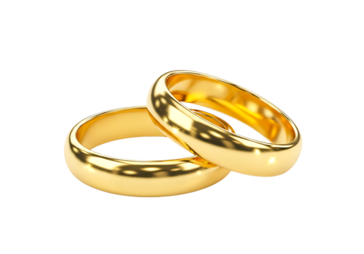 Two shiny gold wedding rings isolated on transparent background, symbolizing love