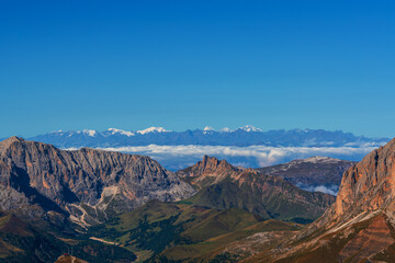 Panoramic view from the Dolomite Terrace of the Dolomites in South Tyrol, Italy.